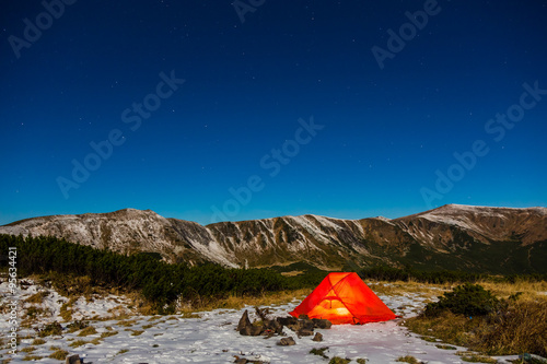 Winter Hiking Bivouac in Mountain Landscape at Night