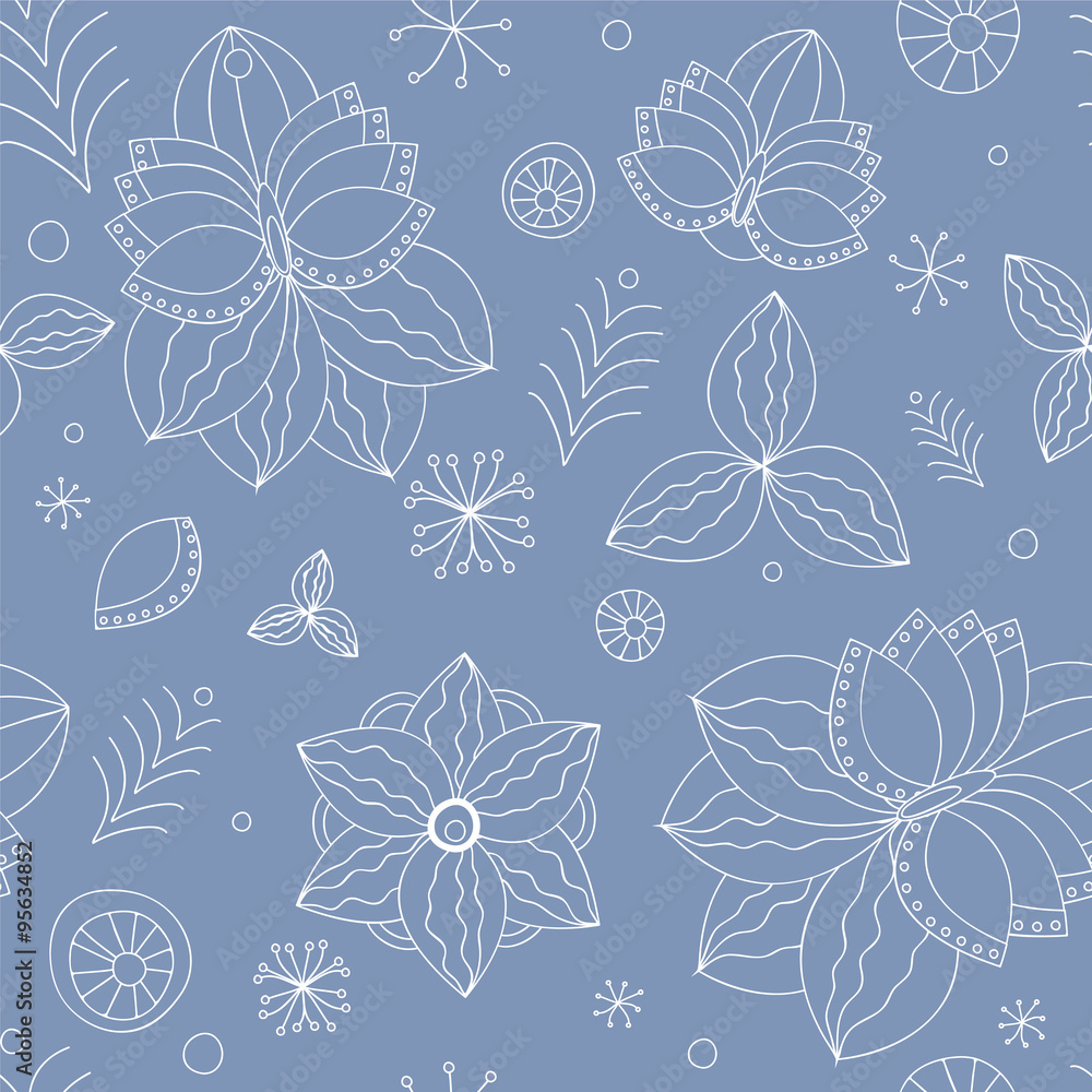 stock vector seamless blue floral  doodle  pattern.