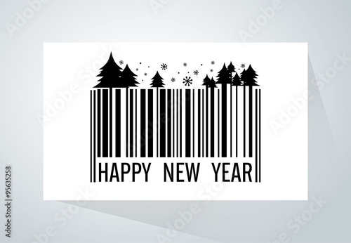 Barcode merge with Christmas theme and wording "Happy New Year" on white paper . This illustration meaning to new product, Christmas Sale, marketing and other same this.