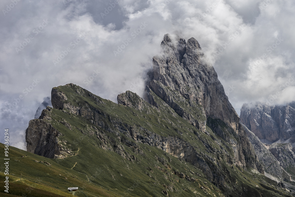 Seceda peak with clouds, Odle mountain range, Gardena Valley, Do