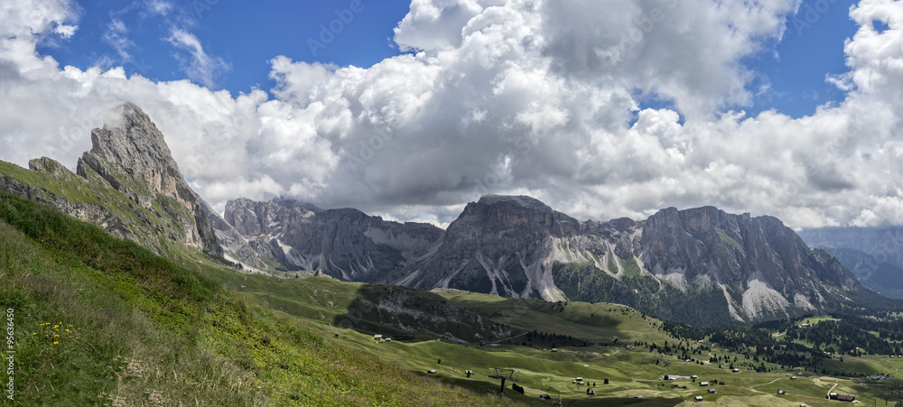 Seceda peak and Odles with clouds, Odle mountain range, Gardena