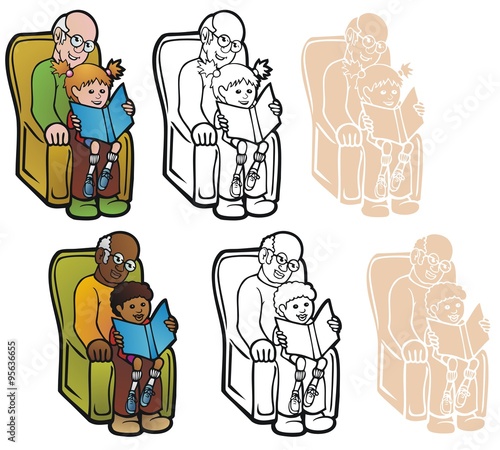Grandfather with grandkid, reading a book. Two variations, in full color, black outline, and reverse for printing on dark backgrounds.