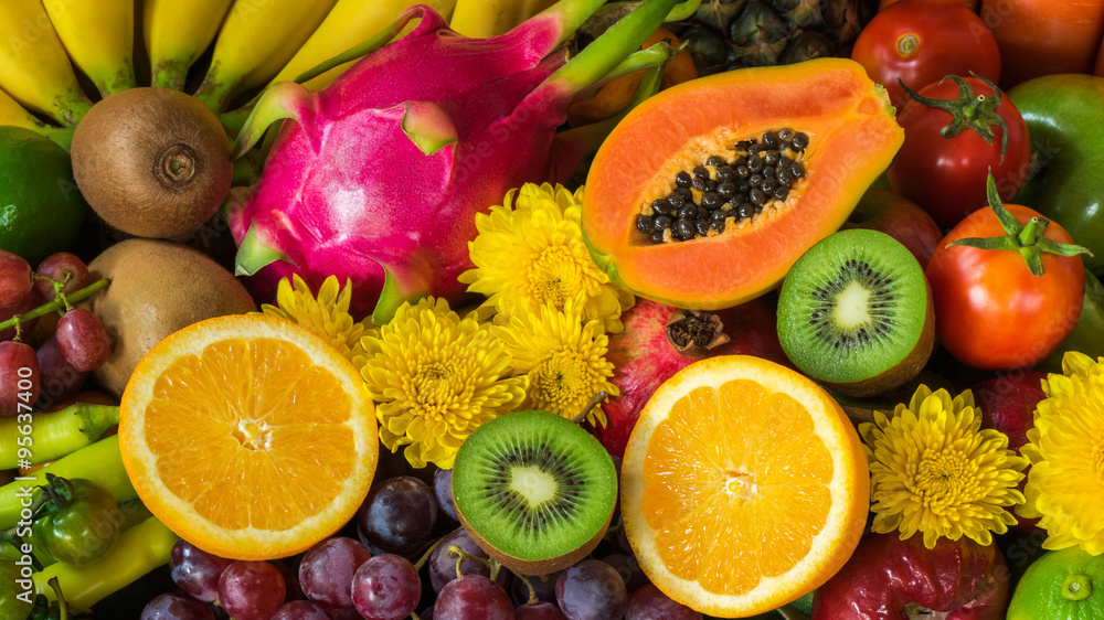 Group of fresh fruits and vegetables organics for healthy Group of fresh fruits and vegetables organics for healthy