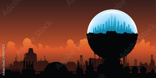 Illustration of the skyline of a science fiction city in a sealed dome protecting it from the polluted, toxic environment and air pollution on the surface.