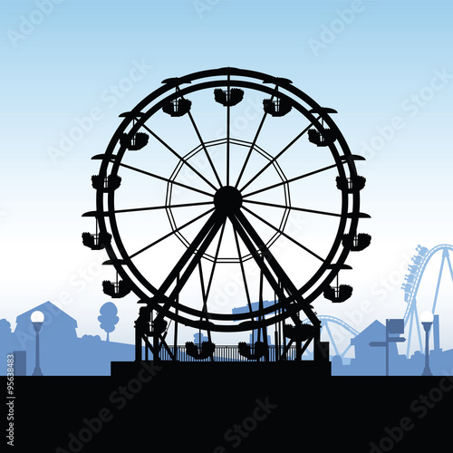 Silhouette illustration of a ferris wheel at an outdoor carnival.