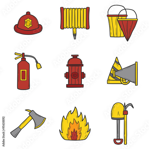 Set of cartoon hand drawn firefightering objects