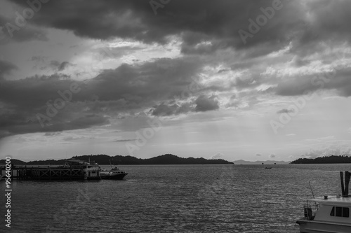 black and white view, port before raining