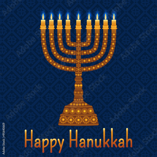 Hanukkah background with menorah and text Happy Hanukkah. Candles, David star and jewels. Beautiful greeting card.
