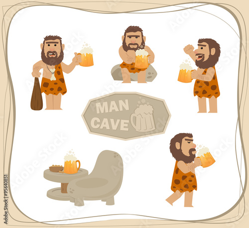 Caveman With Beer - Cartoon clip art of a caveman with a beer in different poses. Eps10