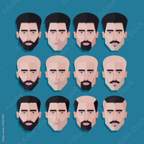 vector set of male faces in flat polygonal style