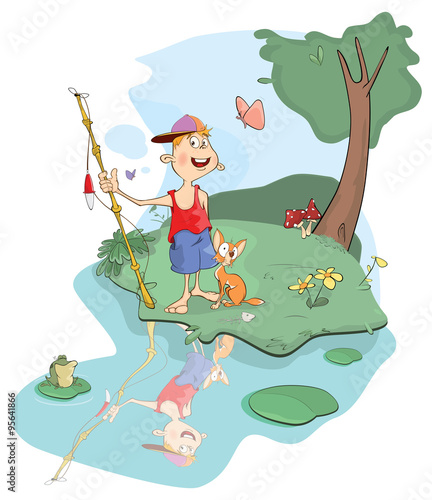 illustration of fisherman and cat cartoon