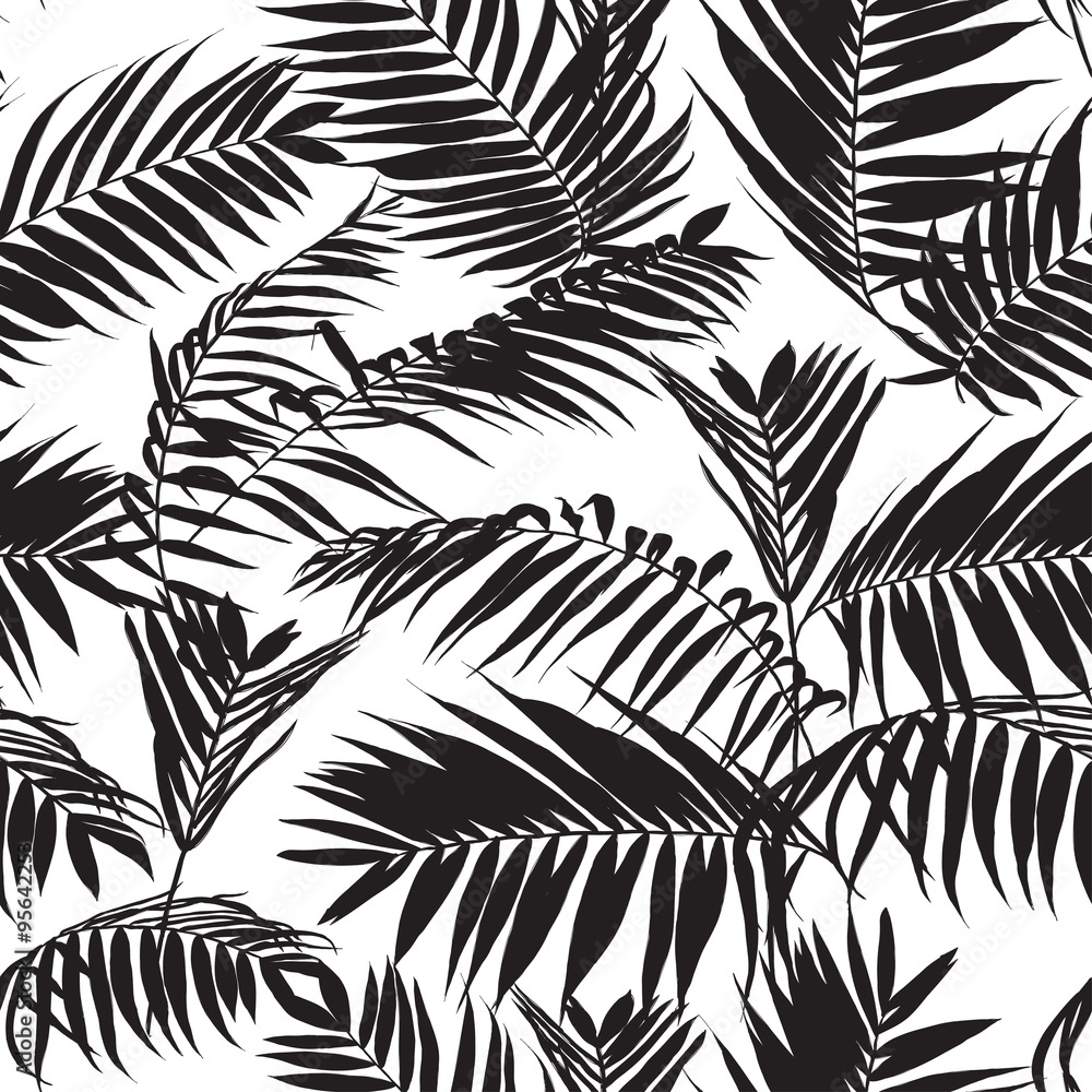 black and white palm leaves pattern, seamless trendy tropical fabric ...