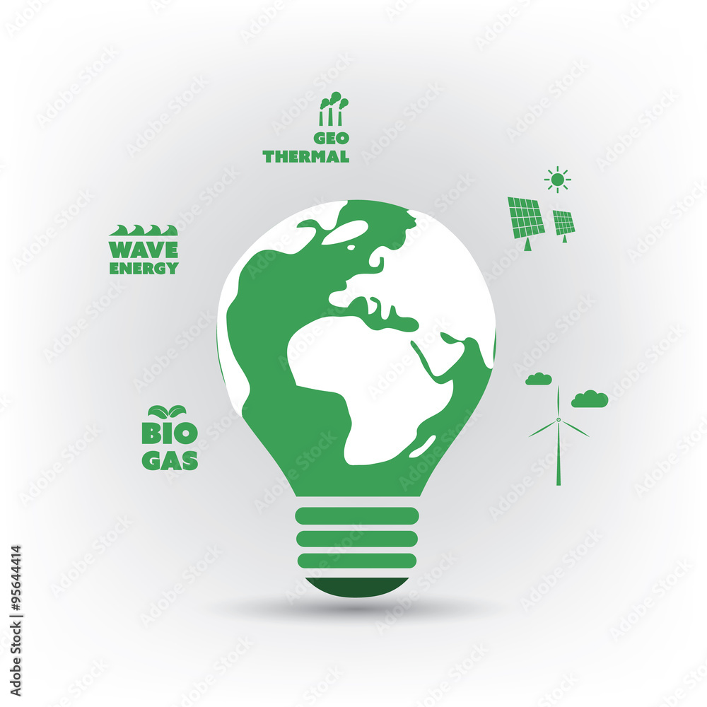 Think Green. Green Electricity. Eco Friendly Ideas In The Light Bulb Symbol - Background Concept Design Think Green. Green Electricity. Eco Friendly Ideas In The Light Bulb Symbol - Background Concept Design