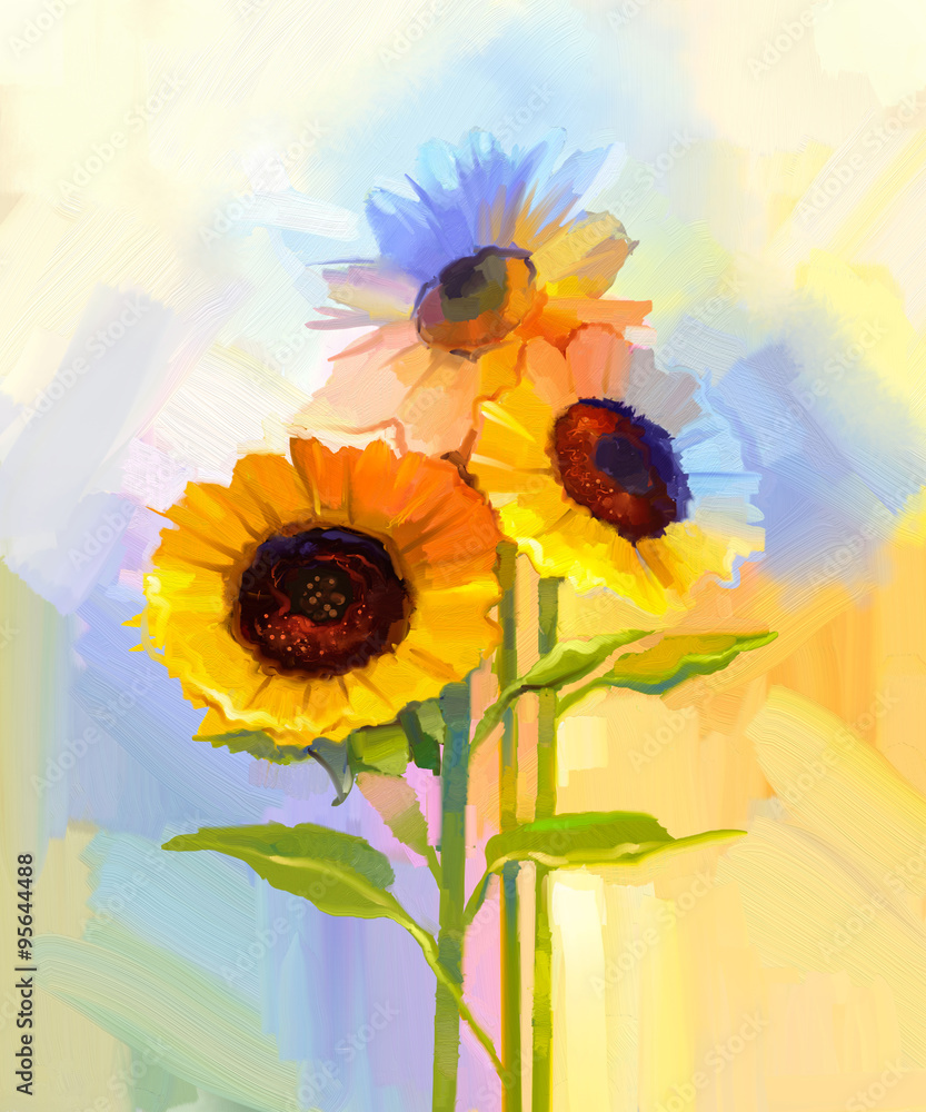 Obraz premium Oil painting yellow sunflowers with green leaves. Hand painted Still life flower in soft yellow, blue green color background.