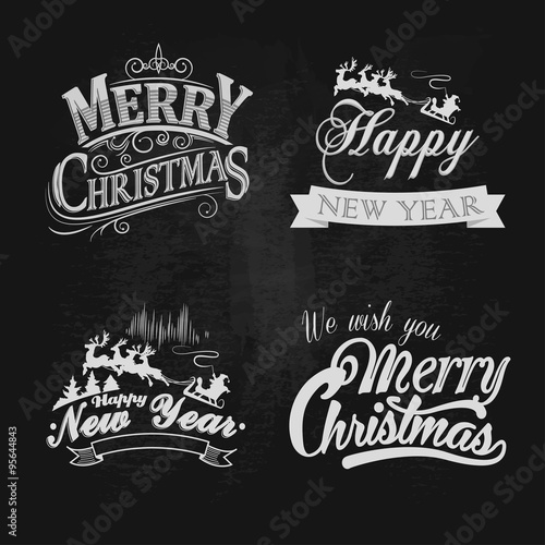 Christmas and New Year vintage chalk text labels on a blackboard. Vector illustration