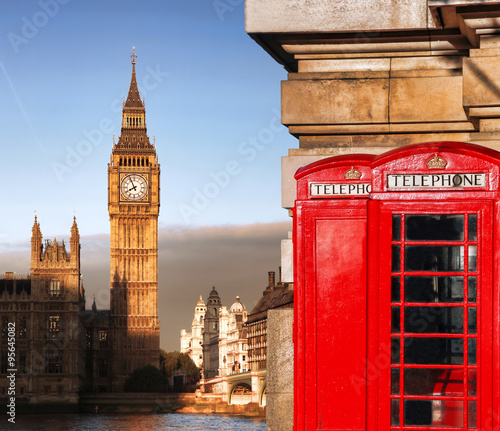 London symbols with BIG BEN and red PHONE BOOTHS in England, UK