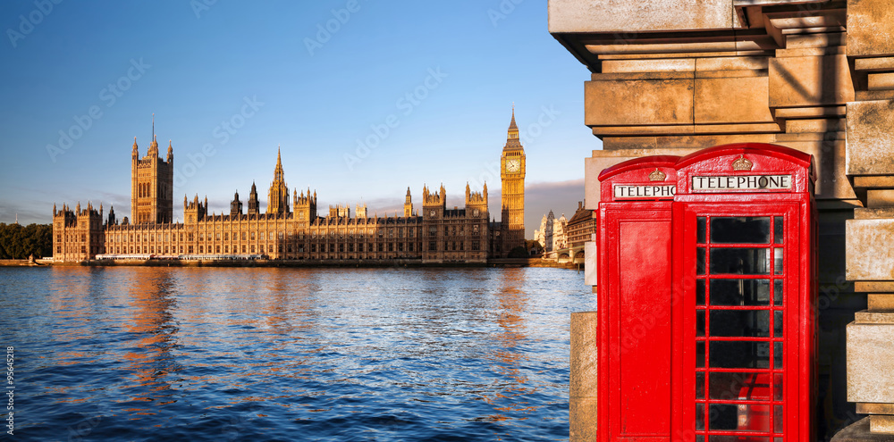 Fototapeta premium London symbols with BIG BEN and red PHONE BOOTHS in England, UK