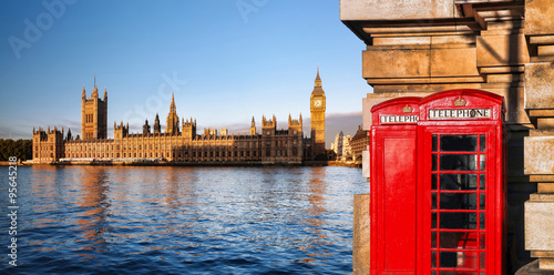 London symbols with BIG BEN and red PHONE BOOTHS in England, UK #95645218