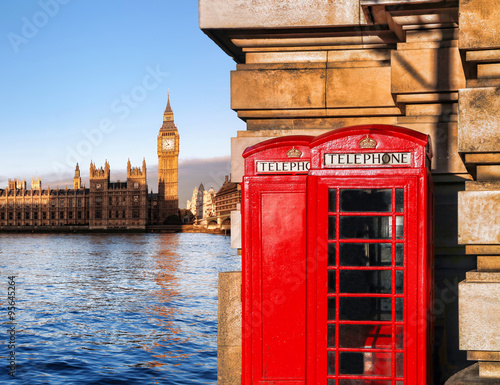 London symbols with BIG BEN and red PHONE BOOTHS in England  UK