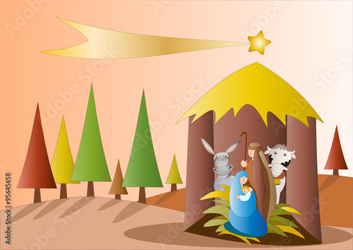 paesaggio con abeti e natività