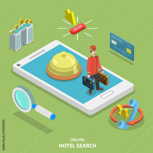 Hotel search online flat isometric vector concept.