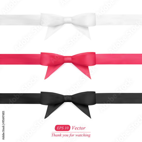Realistic white, black and red bow tie, vector illustration, isolated on white background