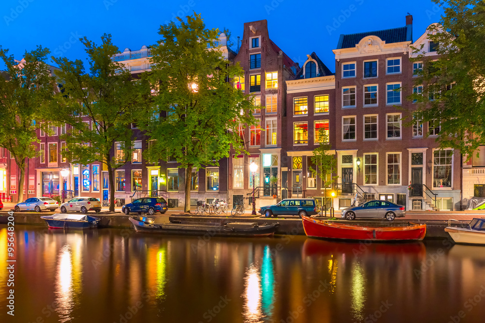 Night city view of Amsterdam canal Herengracht