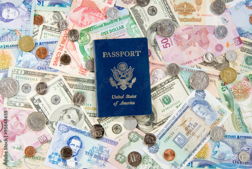 United States of America Passport with Money from Different Countries. Paper money and coins. Currency and Change
