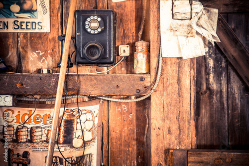 Vintage general store shopkeeper backdrop with phone 