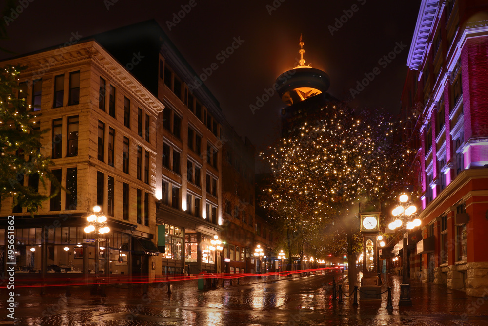 Gastown Vancouver Night, BC, Canada. Reflections on a rainy night in Vancouver's famous Gastown district. 