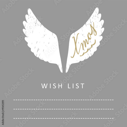 Cute christmas card, wish list with hand drawn white angel wings, vector