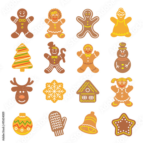 Set of flat vector icons of different Christmas cookies. Gingerbread men, Christmas tree, reindeer, snowflake, mitten, bell and other holiday symbols, baked by hand. Festive baking for winter holidays