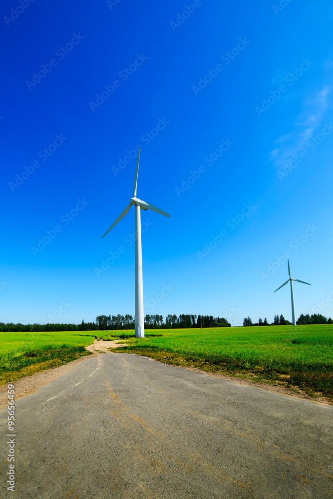 Several eco-friendly wind turbines. 
