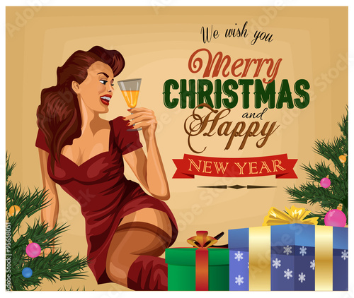 Christmas retro poster. Pin Up Girl with champagne. Vector illustration