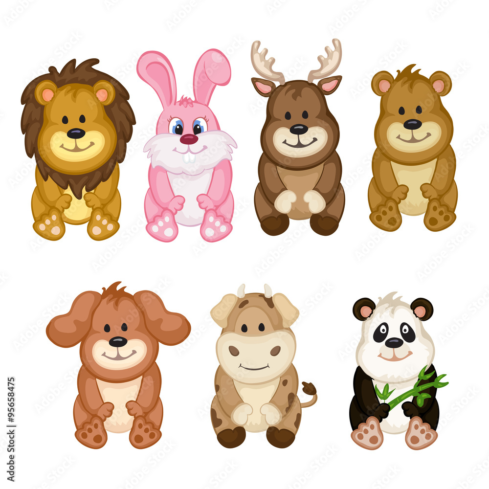 Illustration of cute animal set including panda, rabbit, deer, bear, dog , lion and cow Illustration of cute animal set including panda, rabbit, deer, bear, dog , lion and cow