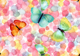 Bright abstract seamless pattern with multicolored watercolor dots and butterflies