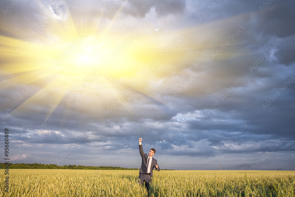 Happy businessman standing on the field 