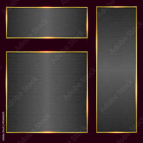 Vector brushed metal banner in golden frame set