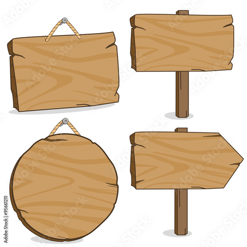 Set of wooden hanging signs and signposts. Vector illustration