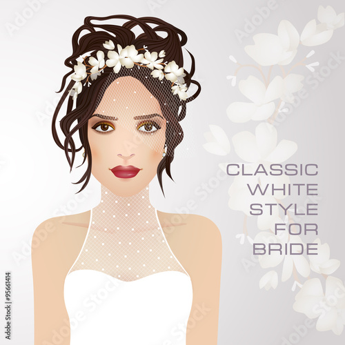 Beauty face of bride. Vector illustration. Classic white style for bride. Beautiful brunette with wreath on head. Wedding hairstyle.