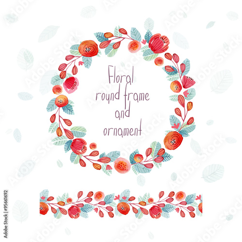 Round frame of flowers and some floral elements. Nice soft colors. Watercolor illustration. Greeting card. 