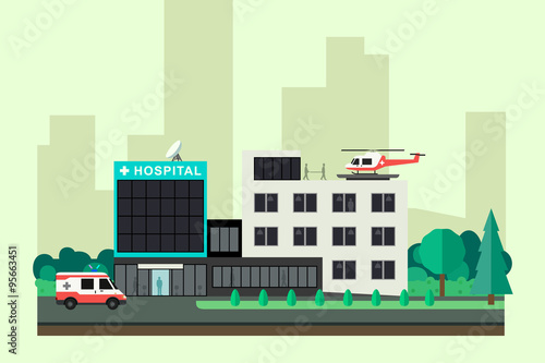 Hospital with ambulance car and helicopter.