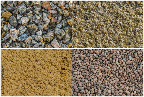 Texture loose materials: crushed stone (granite gravel), river sand, quarry sand (ravine sand),expanded clay aggregate (expanded clay gravel). photo