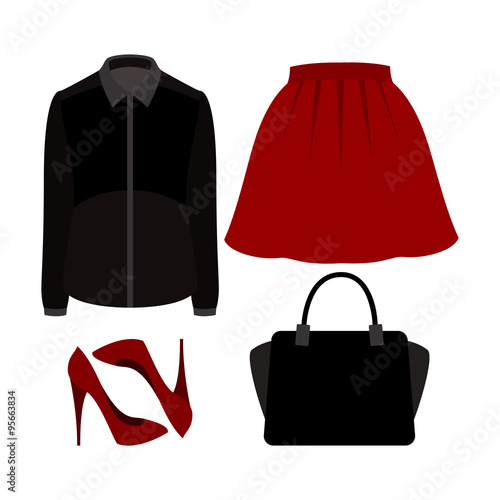 Set of  trendy women's clothes with skirt, blouse and accessories.Women's wardrobe. Vector illustration