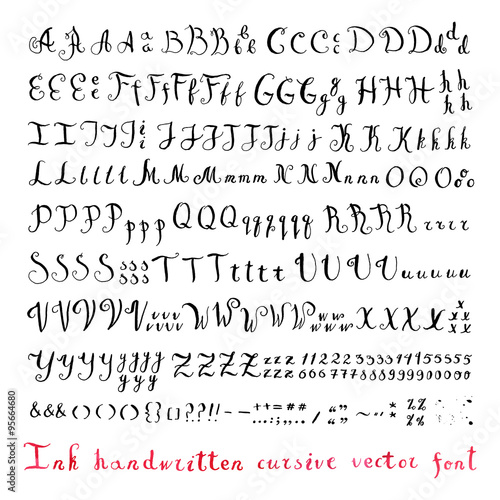 Handwritten vintage ink cursive vector alphabet (font) with different variants of writing the same letters, numbers and punctuation marks