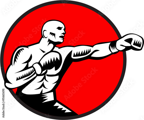 Boxer Jabbing Punching Circle Woodcut