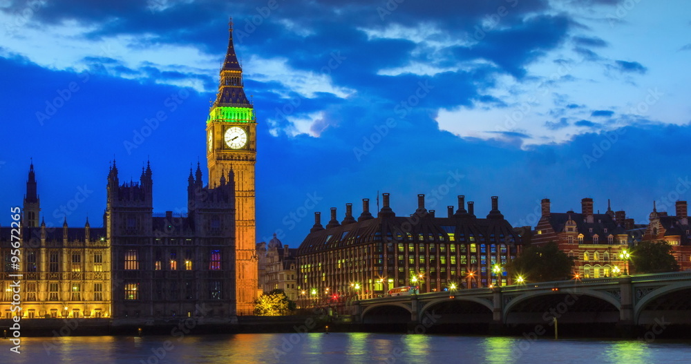 Big Ben and Westminster Bridge in the Evening, London, United Kingdom Big Ben and Westminster Bridge in the Evening, London, United Kingdom