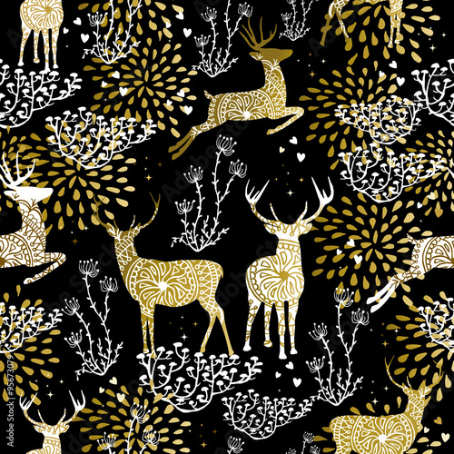 Christmas golden seamless pattern deer reindeer