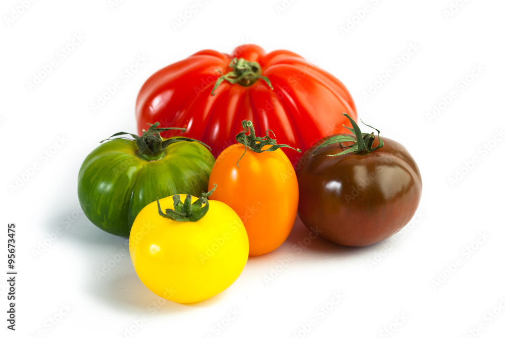 Different colors tomatos, Solanum lycopersicum, on white backgroung Different colors tomatos, Solanum lycopersicum, on white backgroung