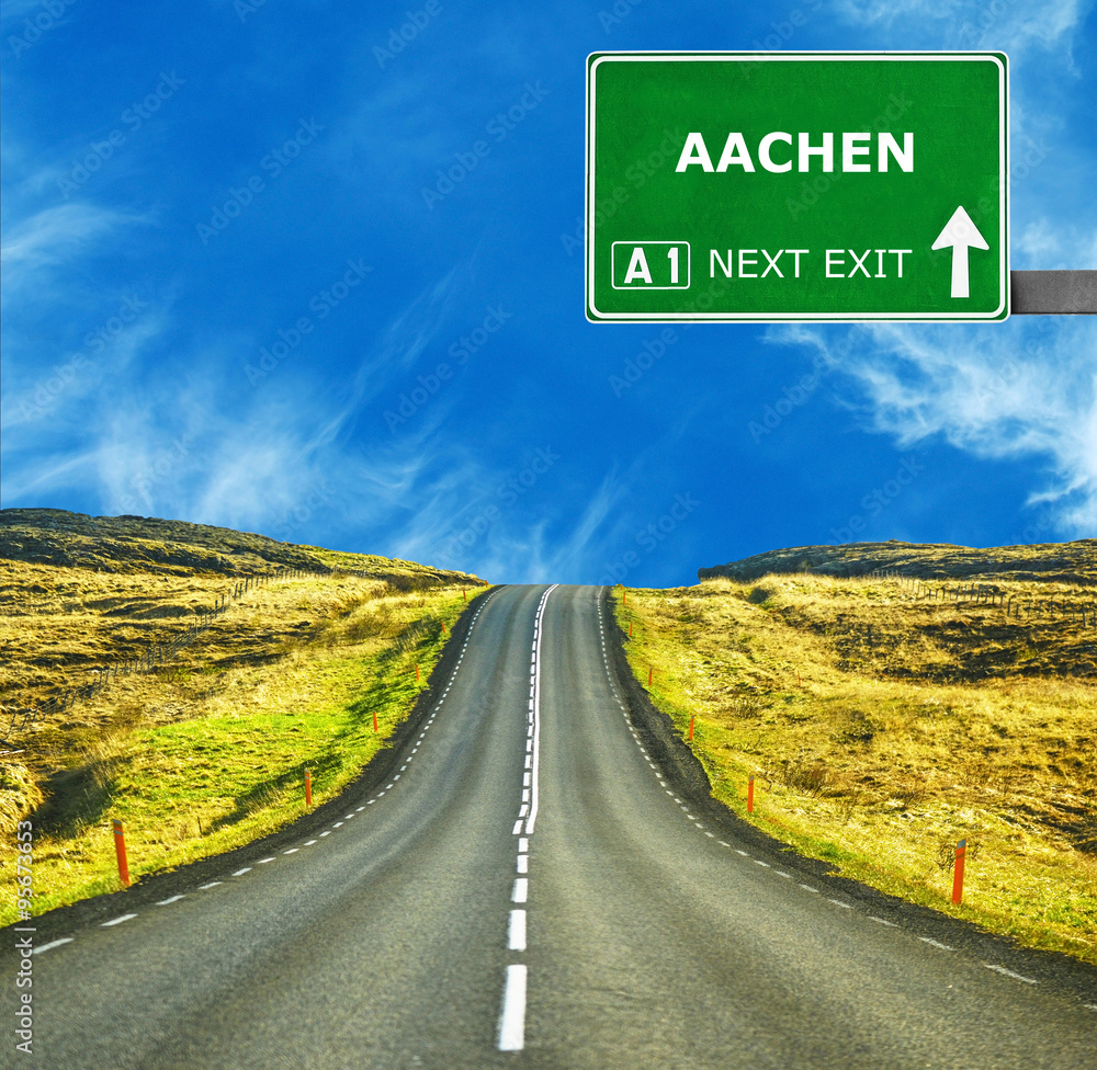 AACHEN road sign against clear blue sky